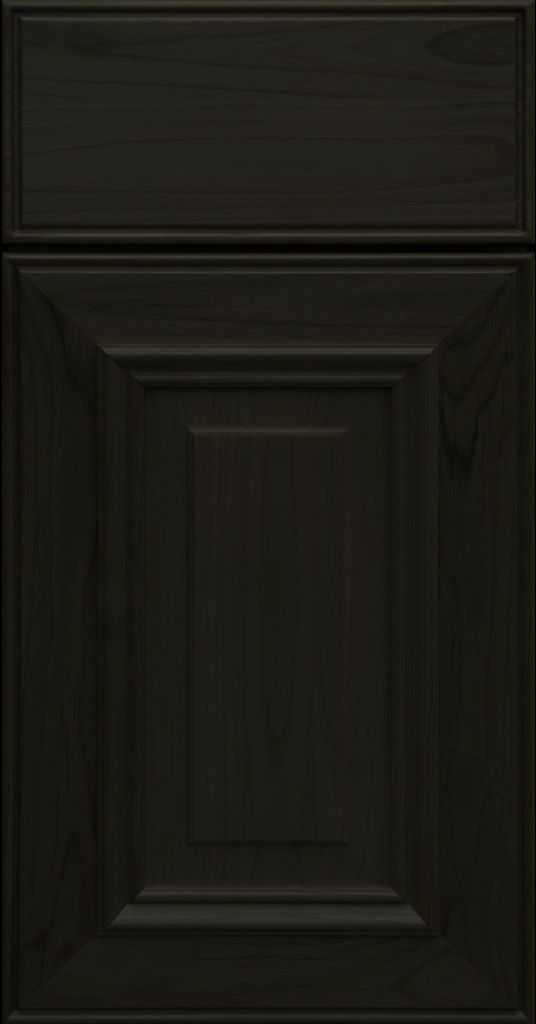 Custom Onyx Stain Anderson Raised Panel Kitchen Cabinet Door and matching Slab Drawer Front.
